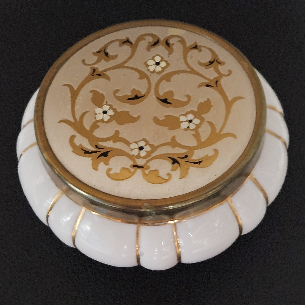 Matson MCM Hollywood Regancy Porcelain Trinket Powder Jar Handpainted Metal Lid